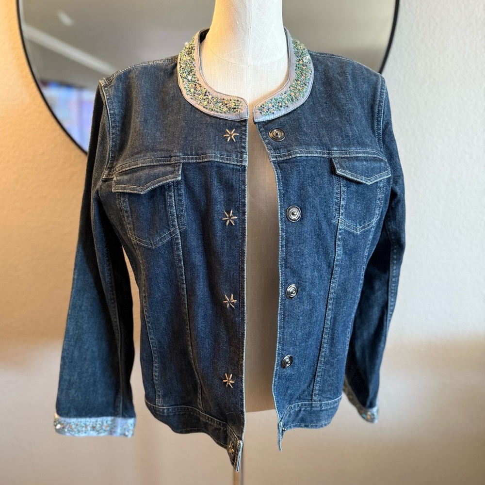 J. Jill Petite Large Embellished Denim Jacket Beaded Collar